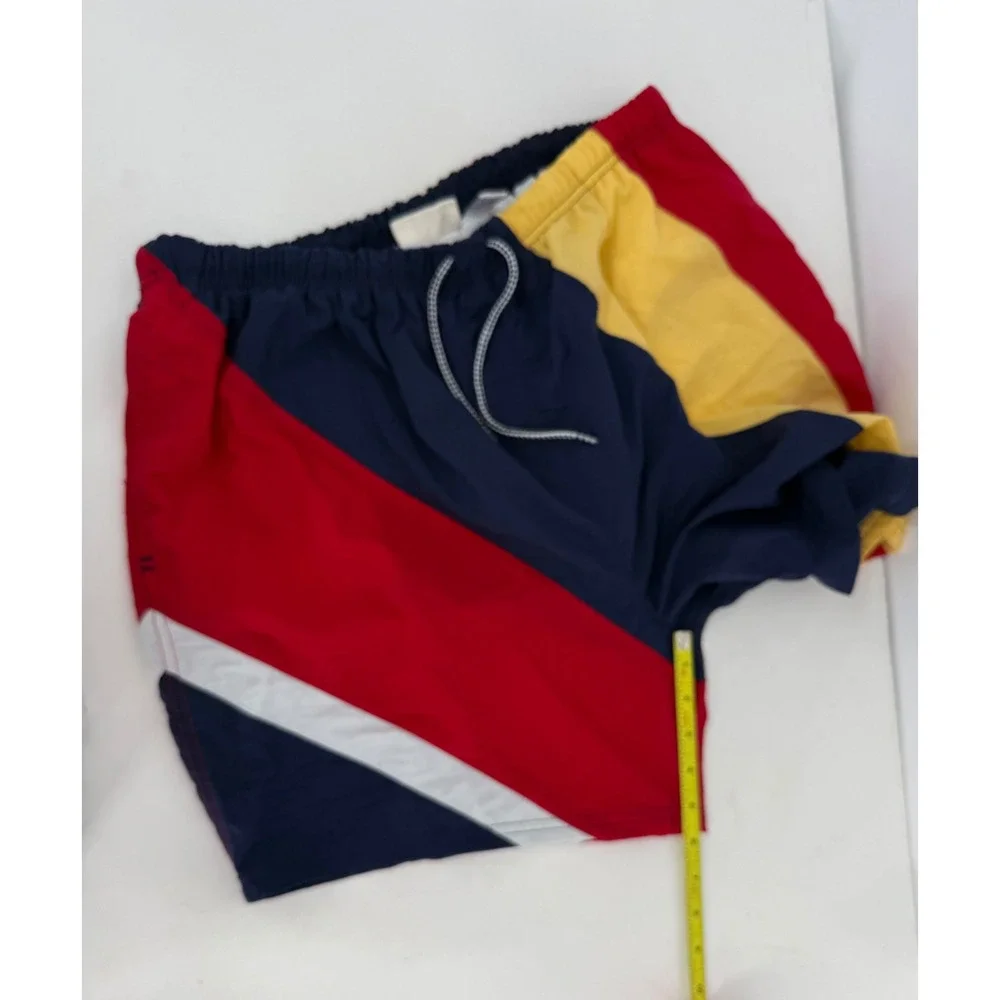 Merona Mens Swim Trunks Navy Red Yellow Vintage Mesh Lined Shorts Sz XL‎